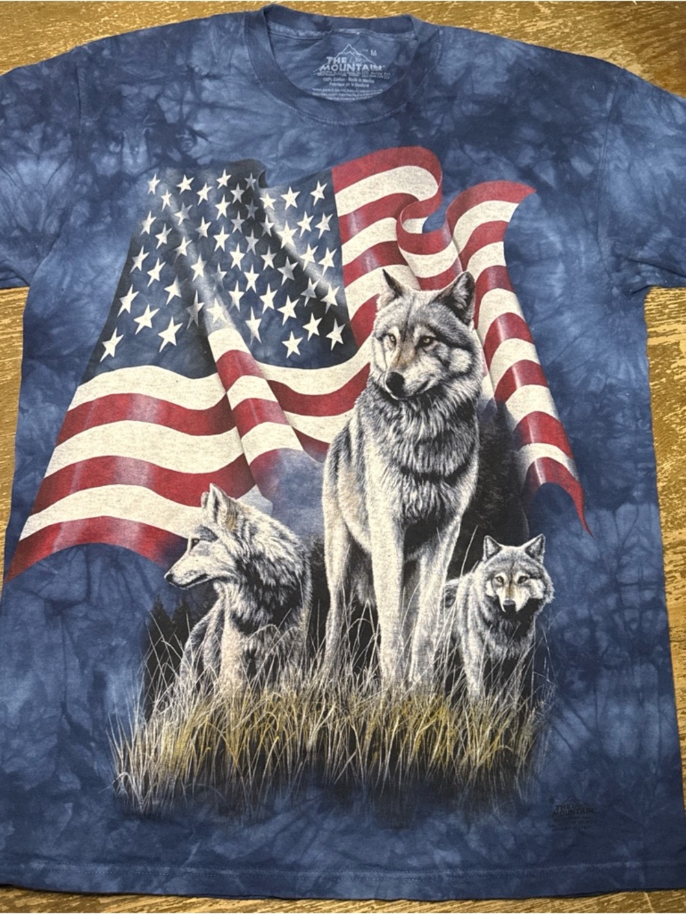 The Mountain Navy Tie-Dye Tee with Wolves & American Flag